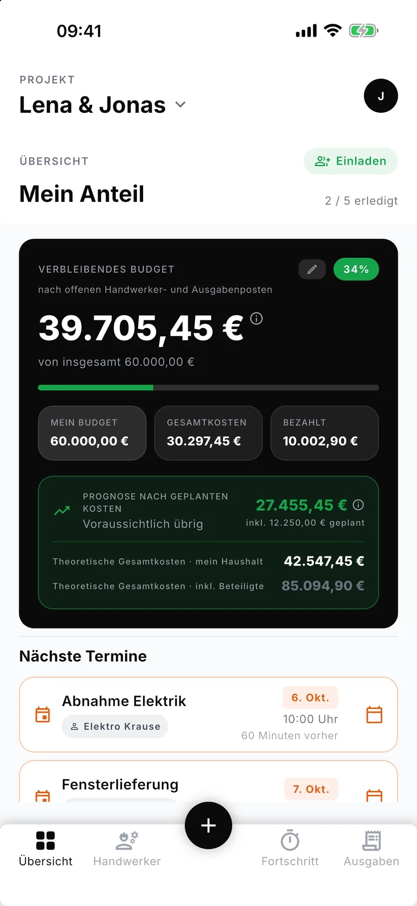 RenoStack auf dem iPhone: Projektübersicht mit verbleibendem Budget, Prognose und den nächsten Terminen.