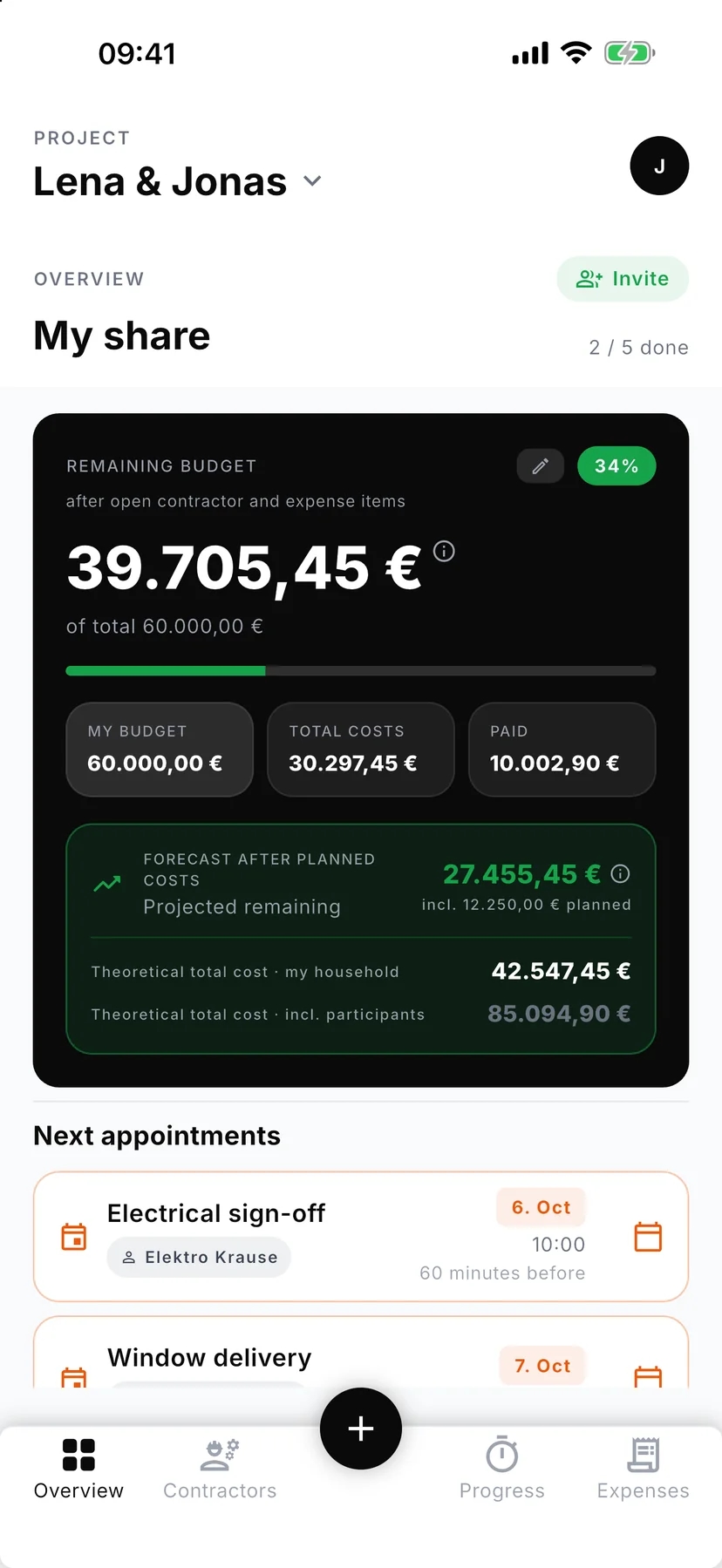 RenoStack sur iPhone : aperçu du projet avec le budget restant, la prévision et les prochains rendez-vous.